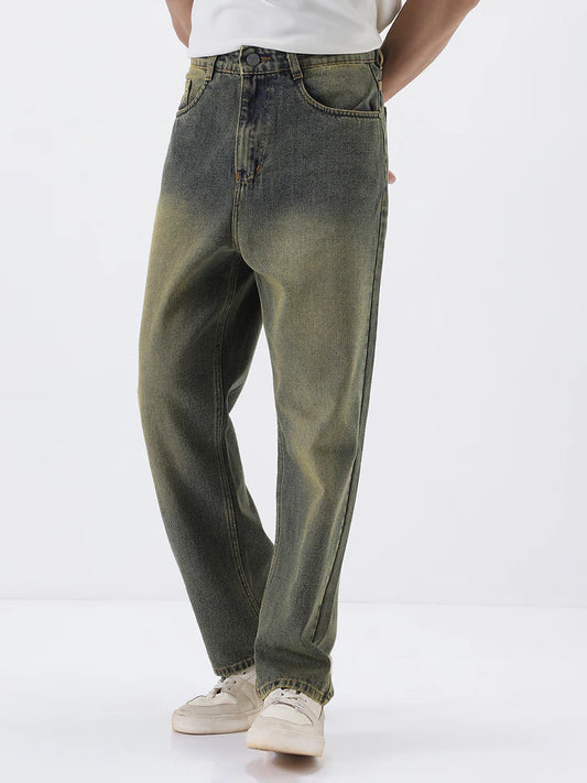 Men's Light Blue Loose Baggy Fit Heavy Washed Jeans Non-Stretchable
