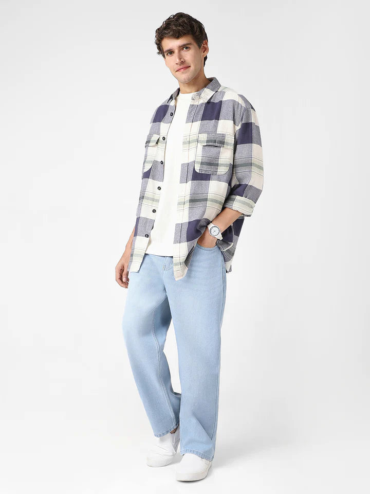 Men's Ice Blue Loose Baggy Fit Washed Jeans Non-Stretchable