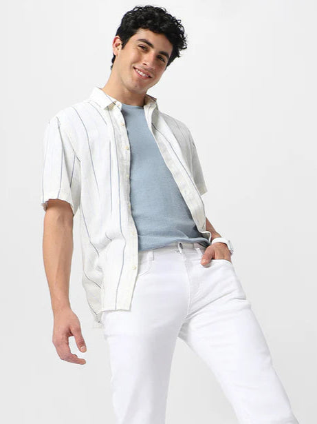 Men's White Regular Fit Washed Jeans Stretchable